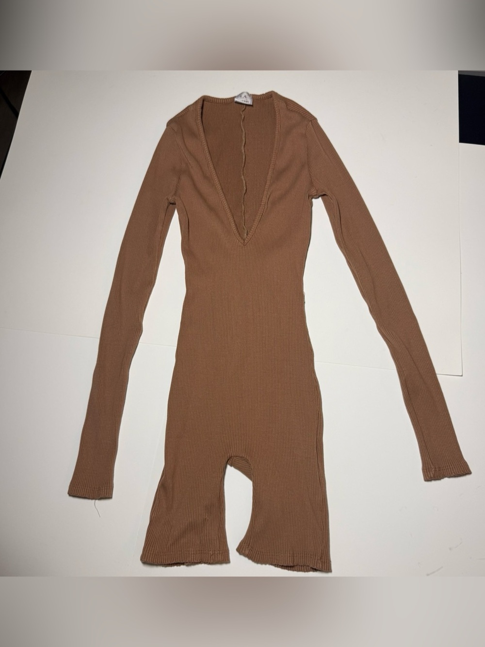 LA Luxe Brown Ribbed Long Sleeve Jumpsuit